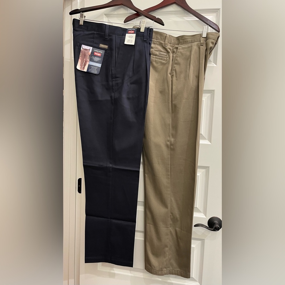 Wrangler Timber Creek Men’s Classic Fit Pleated Pants, 32x34, 2 pair, Navy, Tan